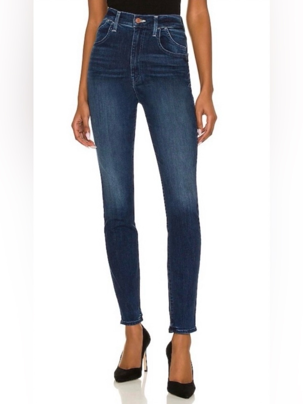 MOTHER The Stash Swooner Dark Blue High-Rise Skinny Jeans Freebird Wash 24